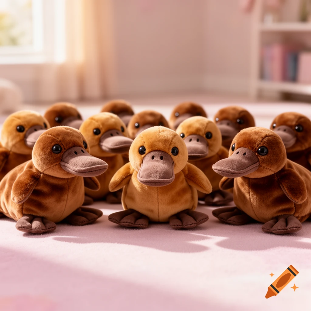 A group of fluffy brown platypus plush toys with large beaks and dark eyes sitting on a light pink rug in a sunlit room.