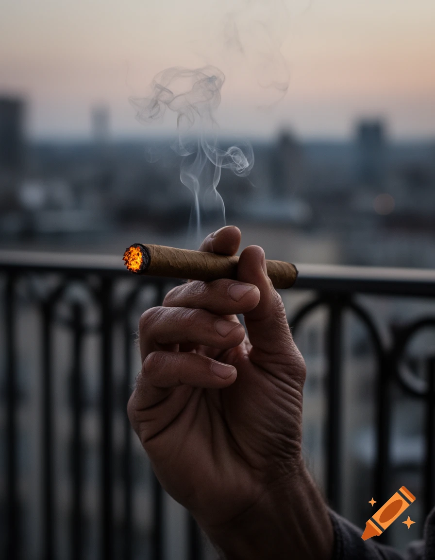 A close-up of a hand holding a lit cigar, with smoke rising against a blurred city skyline at dusk.