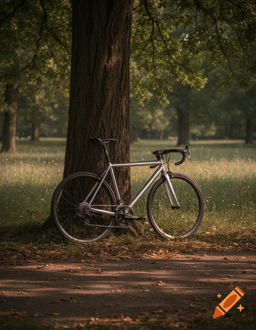 A silver racing bicycle leans against a large tree in a sun-dappled park, with a path in the foreground.