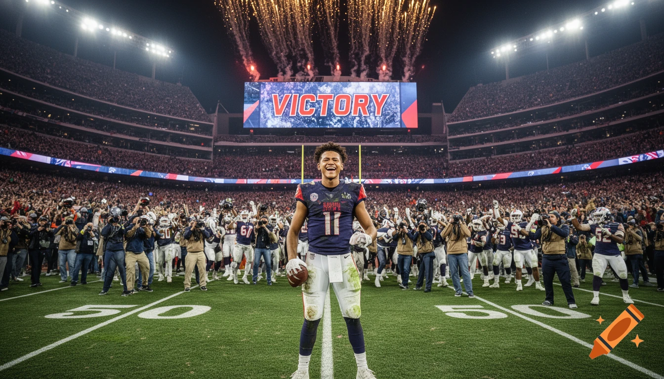 A football player in a stadium celebrates a victory with fireworks overhead and a screen displaying "VICTORY" to a cheering crowd.