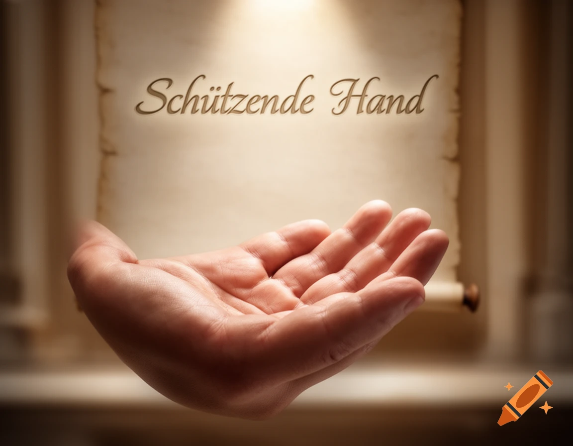 A cupped human hand below an antique scroll with the German text 'Schützende Hand'.