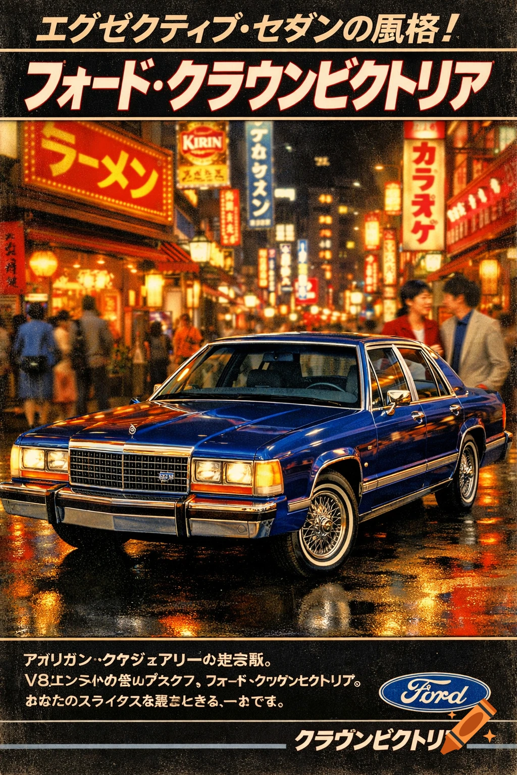 Retro 1980s Japanese advertisement of a blue Ford Crown Victoria on a rainy Tokyo street at night, with bright neon signs.