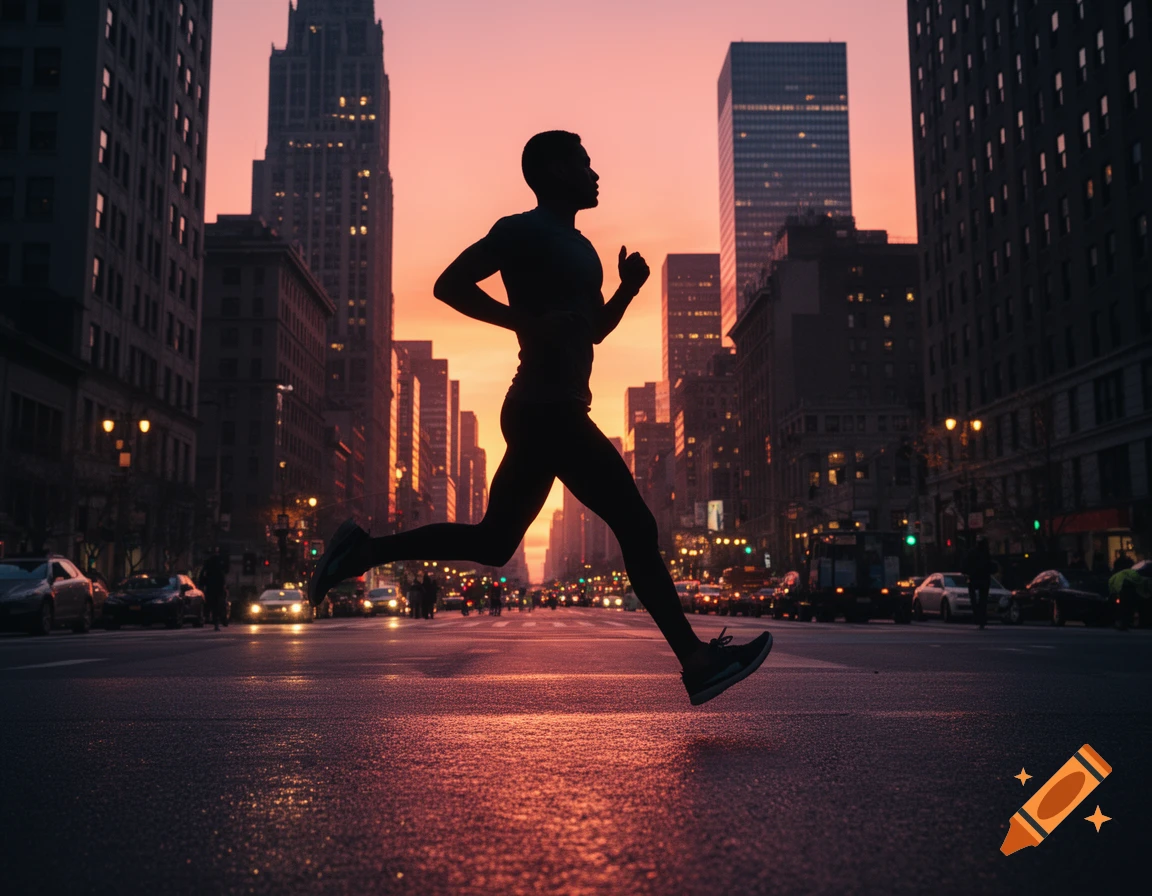 A silhouetted runner sprints across a city street at sunset, with tall buildings against an orange and pink sky.