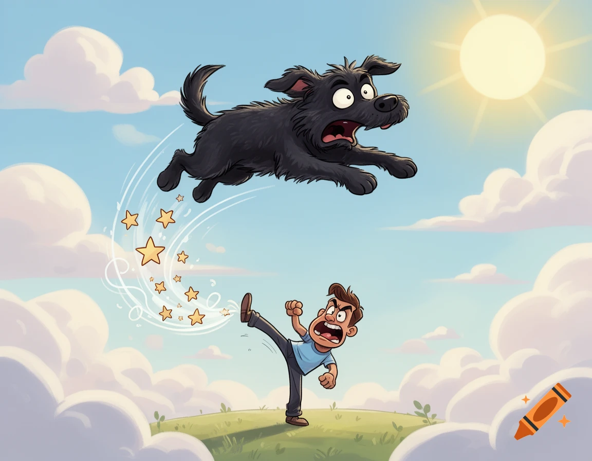 Cartoon illustration of a black scruffy dog flying through the air after being kicked by an angry man on a hill.