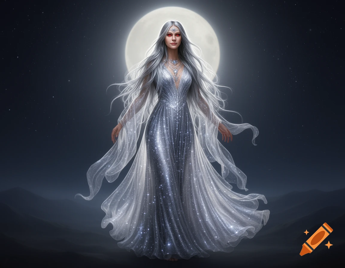 A moon goddess with long silver hair and red eyes stands before a full moon, wearing a shimmering silver gown.