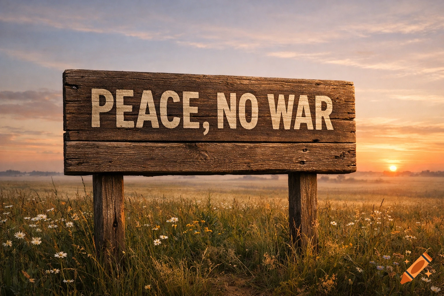 A wooden sign reading "PEACE, NO WAR" stands in a field of wildflowers at sunset, with a vibrant sky.