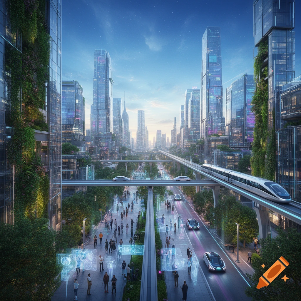 A bustling futuristic city with tall buildings, vertical gardens, elevated maglev trains, flying cars, and people using holographic displays.