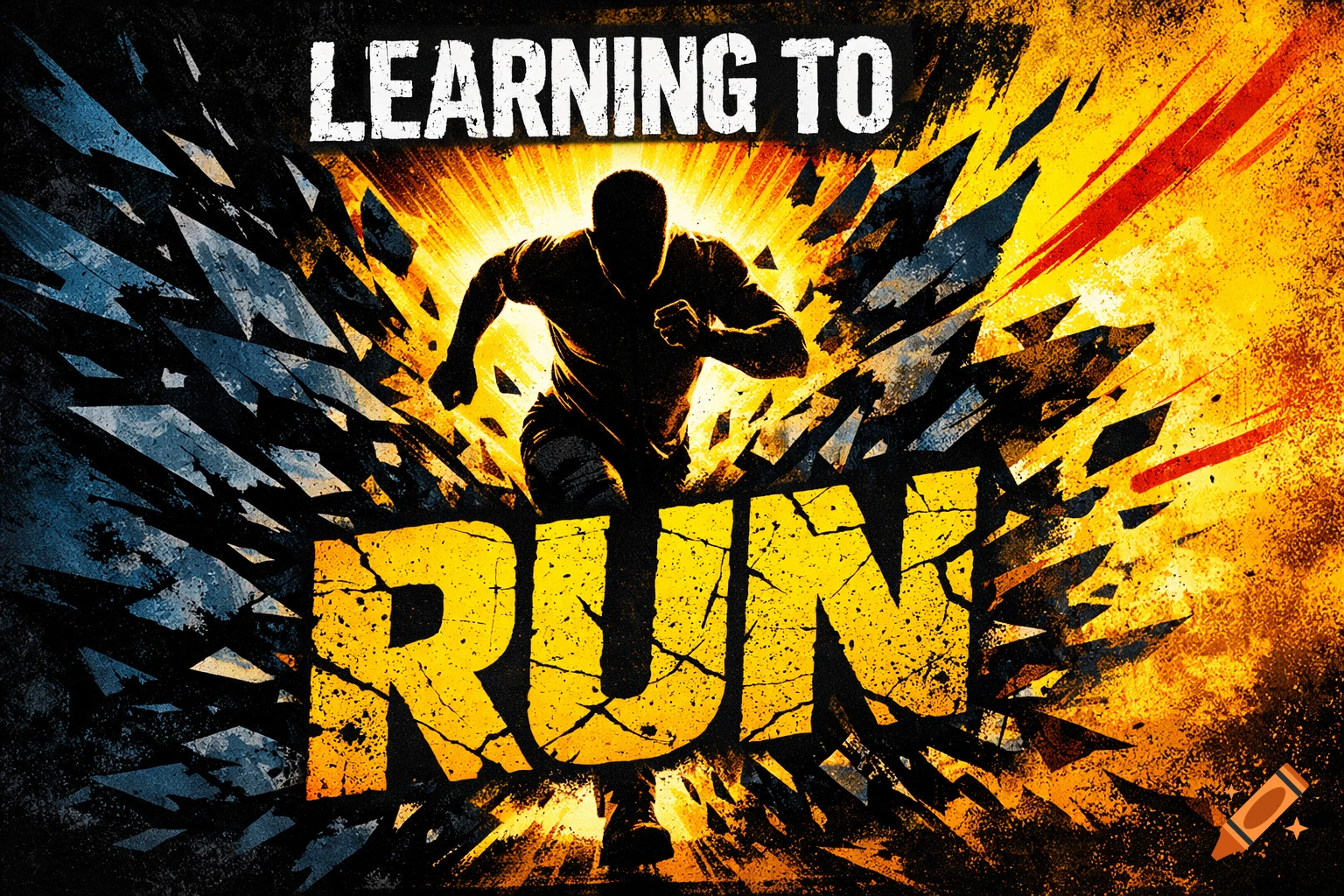 A powerful silhouette of a runner mid-sprint breaking through a jagged wall, with 'LEARNING TO RUN' text and a golden light burst.