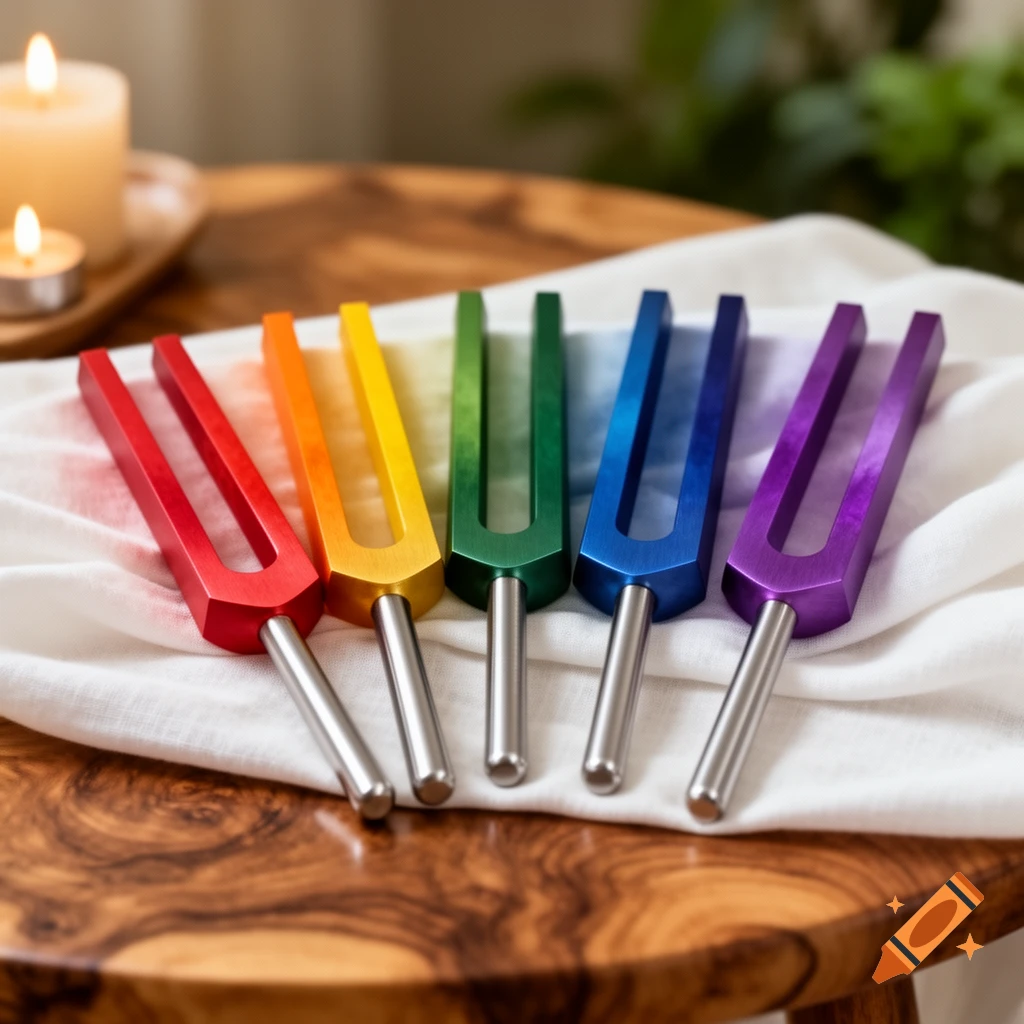 Seven rainbow-colored tuning forks lie on a white cloth on a wooden table, with lit candles in the soft-focus background.