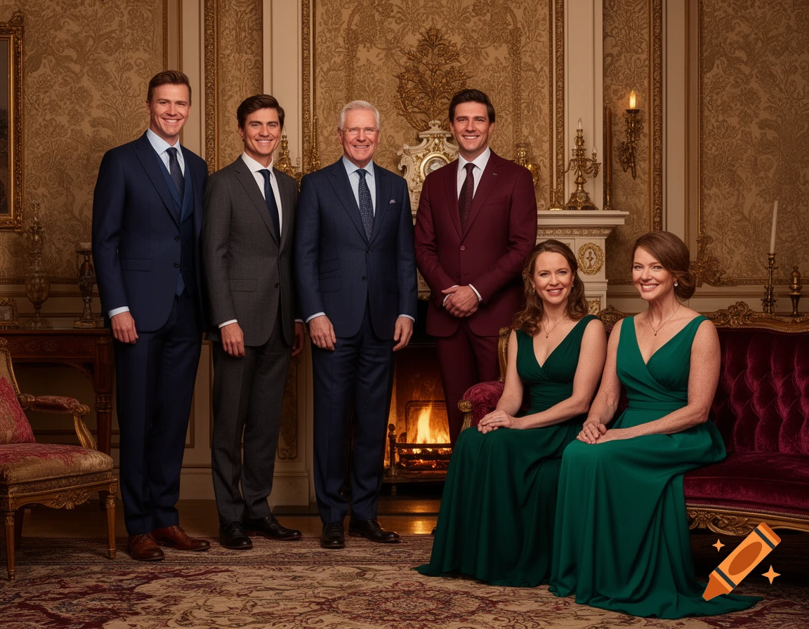 A well-dressed family of six, three men standing and two women sitting, pose for a photorealistic portrait in a luxurious room with a fireplace.