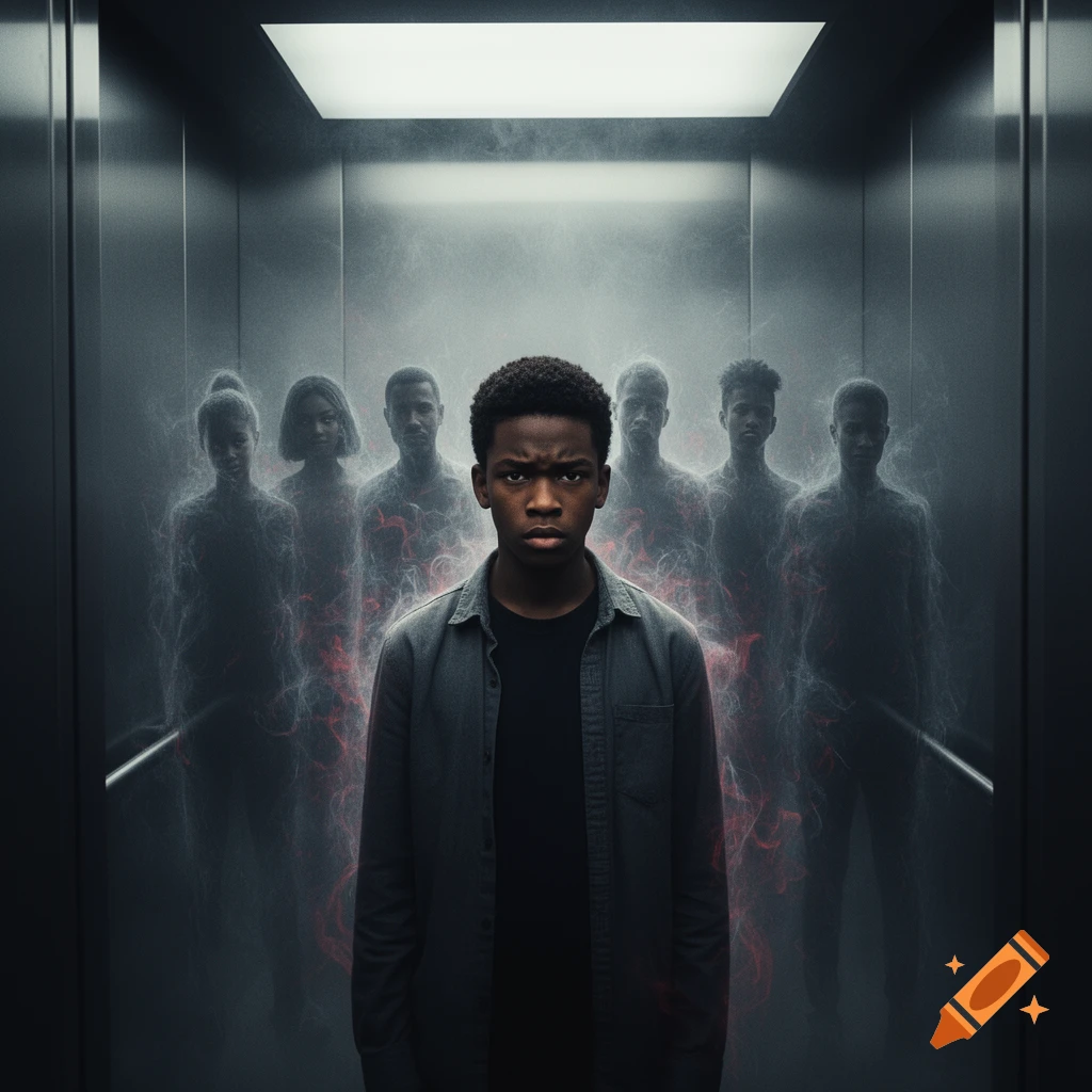 A tense young Black man stands in a smoky, dimly lit elevator, surrounded by ghostly, semi-transparent figures. Photorealistic, cinematic style.