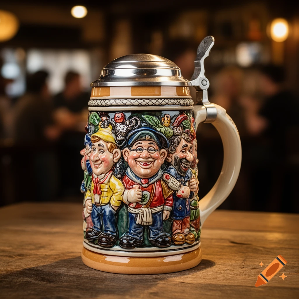A photorealistic close-up of a decorative beer stein with a metal lid, featuring colorful raised caricatures of happy men, on a wooden table.