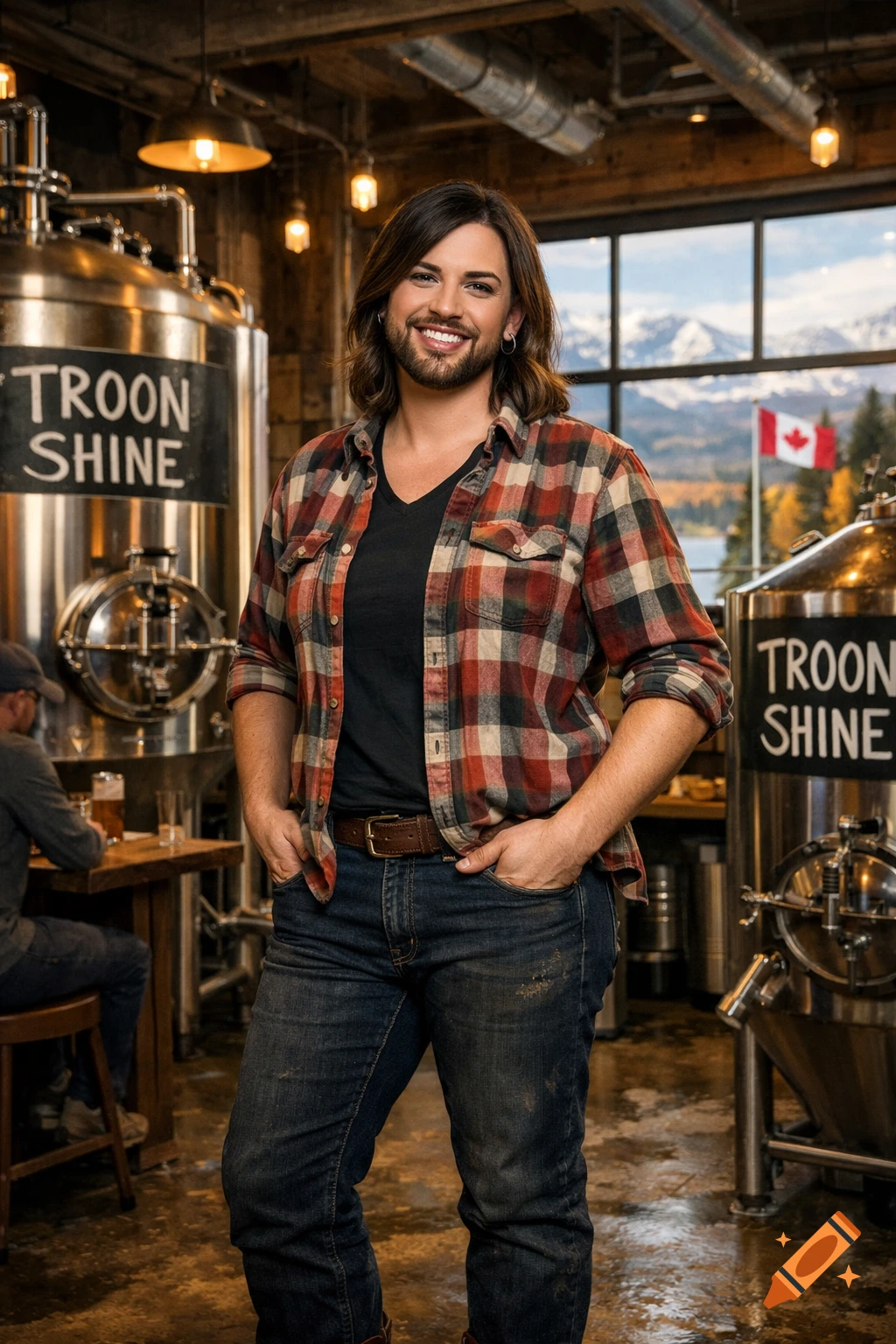 A smiling person with a beard and long hair, wearing a plaid shirt and jeans, stands in a brewery with large "TROON SHINE" tanks. A Canadian flag and mountains are visible outside a window.