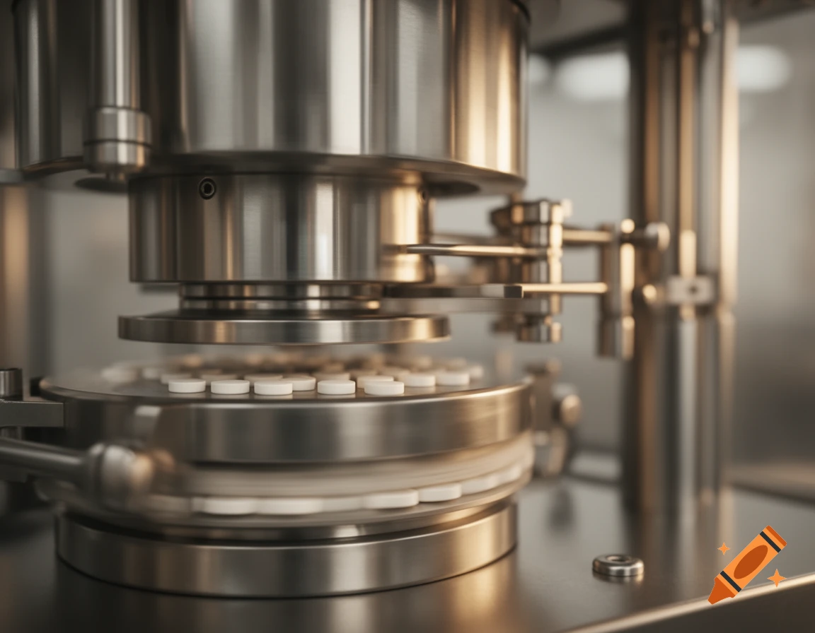 Close-up, photorealistic view of an industrial pharmaceutical tablet press machine in operation, with white tablets on its stainless steel surface.