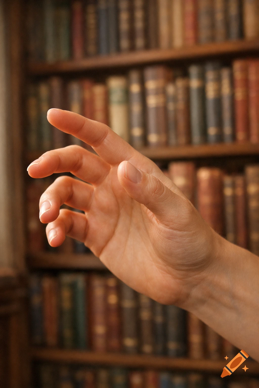 A human hand reaches forward towards a blurred background of bookshelves, photorealistic.