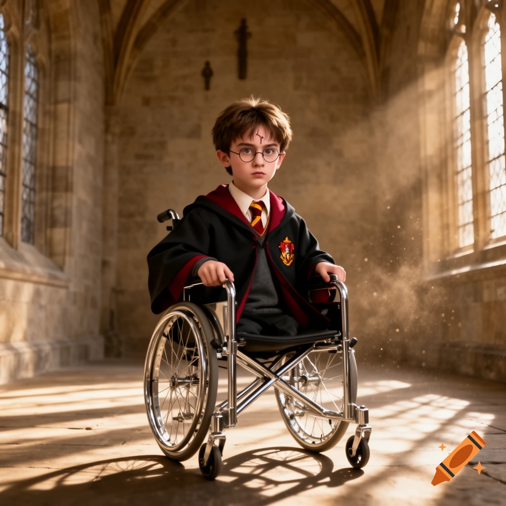 A young boy resembling Harry Potter, wearing a Hogwarts robe and glasses, sits in a wheelchair in a sunlit, grand stone hall.