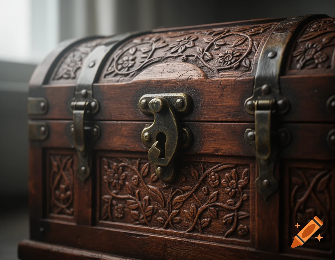 A close-up of a richly carved wooden treasure chest with intricate floral patterns, featuring antique metal straps and a central latch.