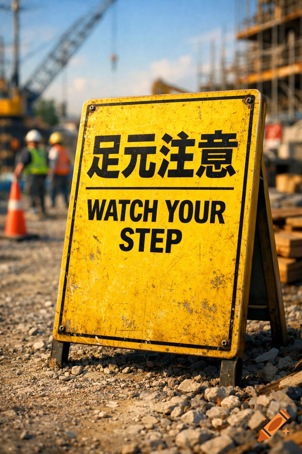 A yellow 'WATCH YOUR STEP' safety sign stands on a dusty construction site with blurred workers and machinery in the background.