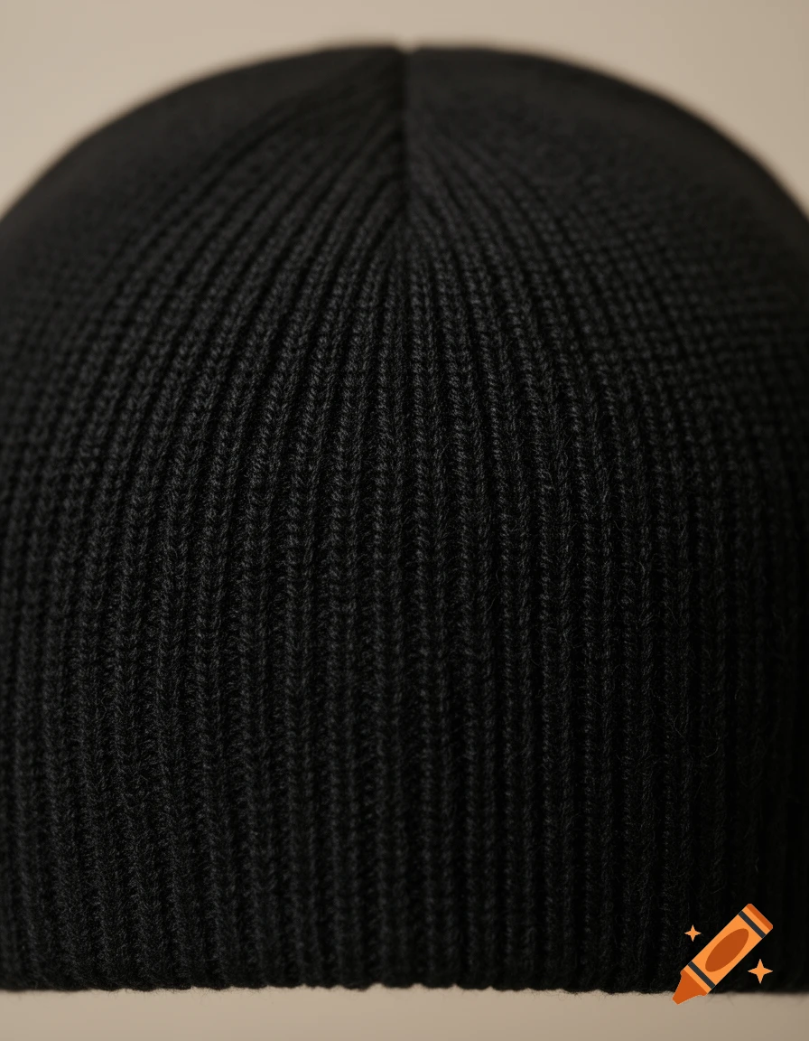 Close-up of a black knitted beanie with visible ribbed texture against a light background.