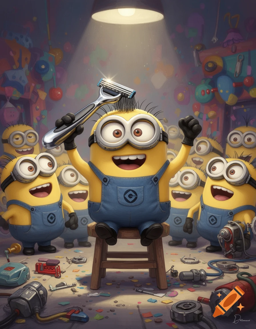 A Minion holds a razor to its head, surrounded by laughing Minions in a cluttered workshop, cartoon style.
