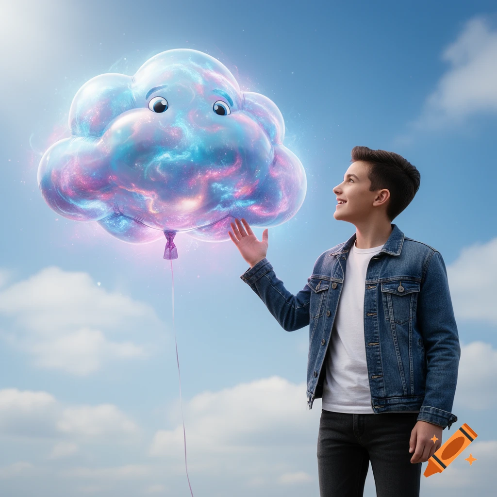 A young boy in a denim jacket reaches for a glowing, cosmic-patterned cloud balloon floating in a blue sky with white clouds.