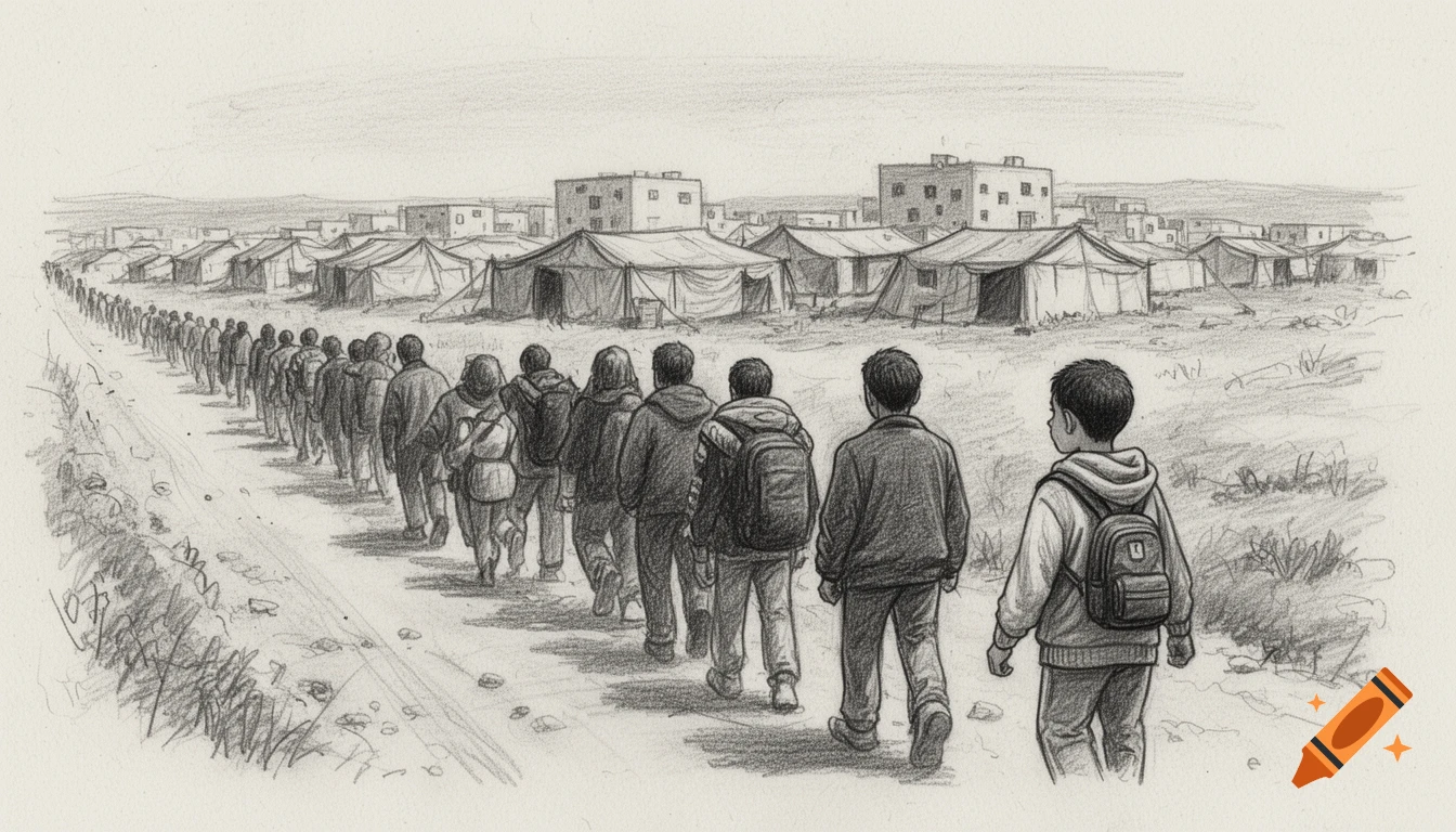 A long line of people, including children with backpacks, walking on a dusty road towards a refugee camp in a black and white pencil sketch.