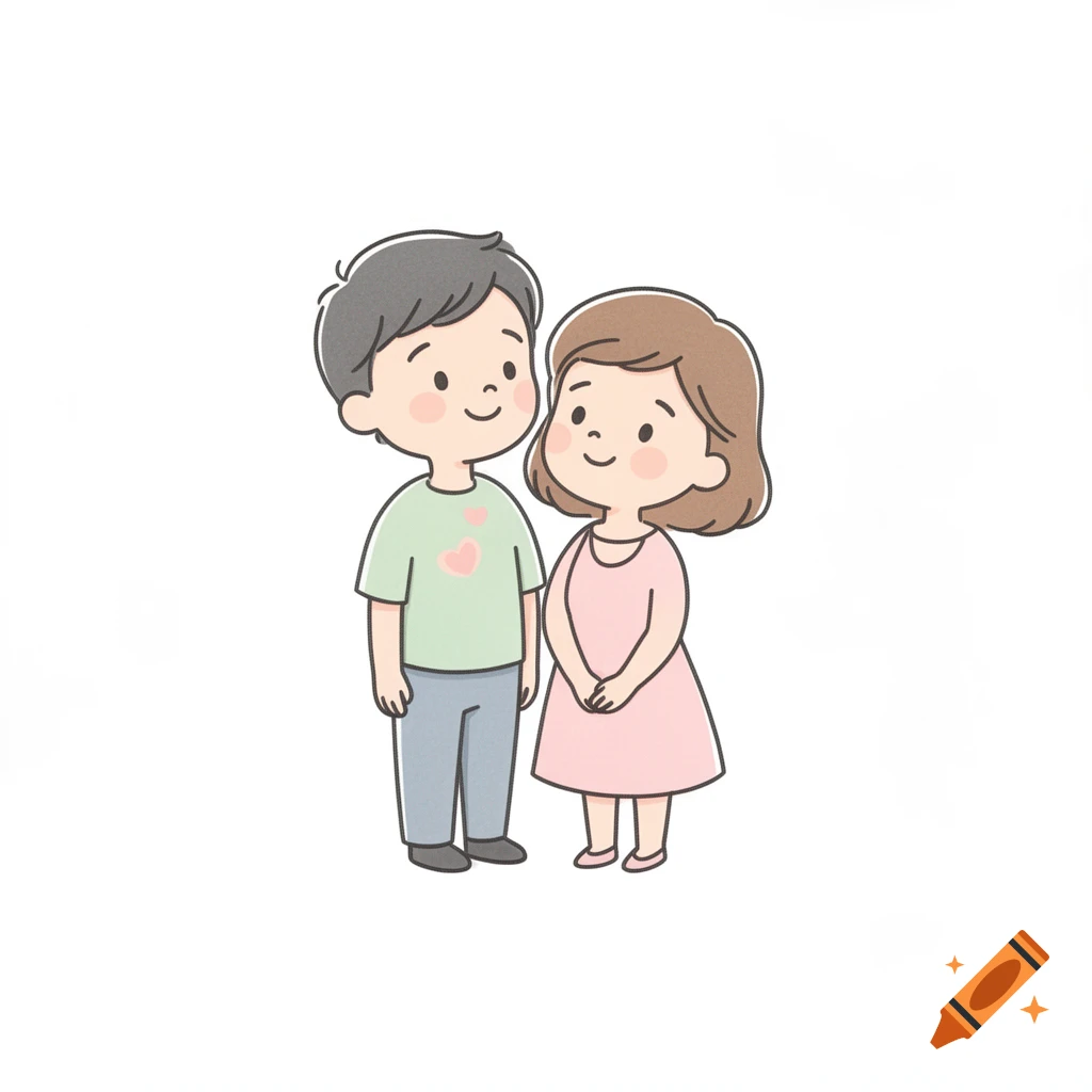 Cute cartoon couple standing together, looking at each other with gentle smiles on a white background, in a soft pastel color palette.