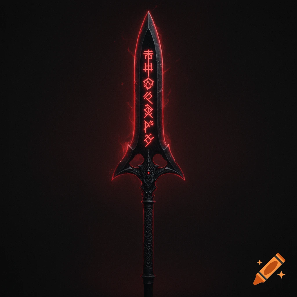 A dark, ornate spear with a leaf-shaped blade glows crimson with vampiric runes on a black background.