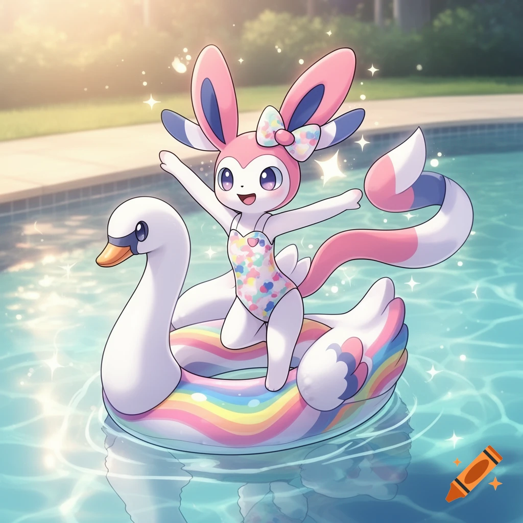 Cartoon Sylveon in a swimsuit stands on a rainbow swan float in a sunny swimming pool.