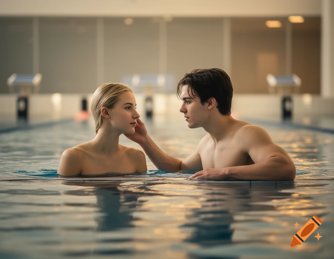 A man gently touches a woman's face while they are chest-deep in an indoor swimming pool, looking intently at each other.