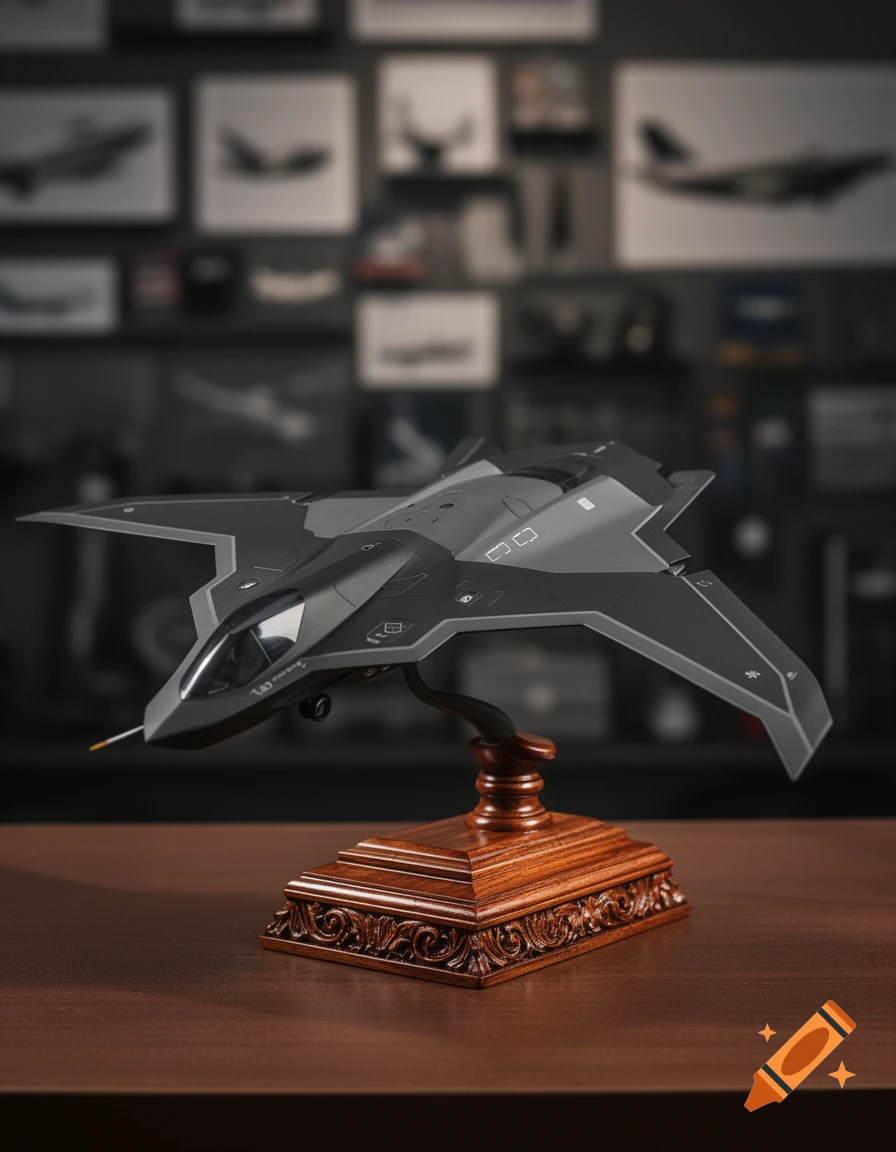 A detailed dark grey futuristic fighter jet model on an ornate dark wood stand, with a blurred background of aircraft blueprints.