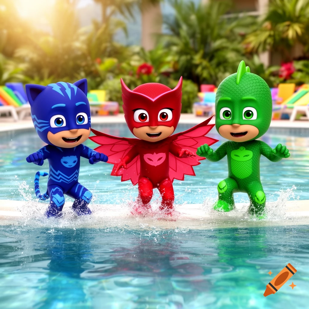 Catboy, Owlette, and Gekko from PJ Masks splash happily in a sunny swimming pool.