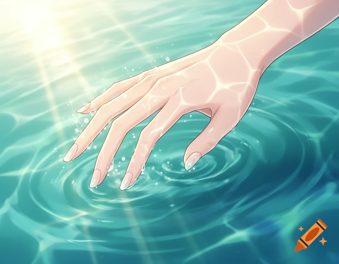 A close-up anime illustration of a slender hand gently touching the shimmering surface of turquoise water.