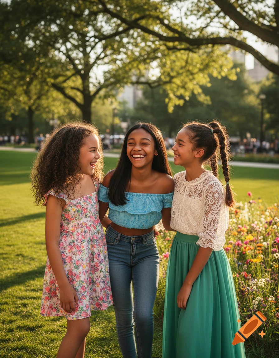 Three smiling girls standing together in a sunny park with trees and wildflowers in the background, photorealistic style.