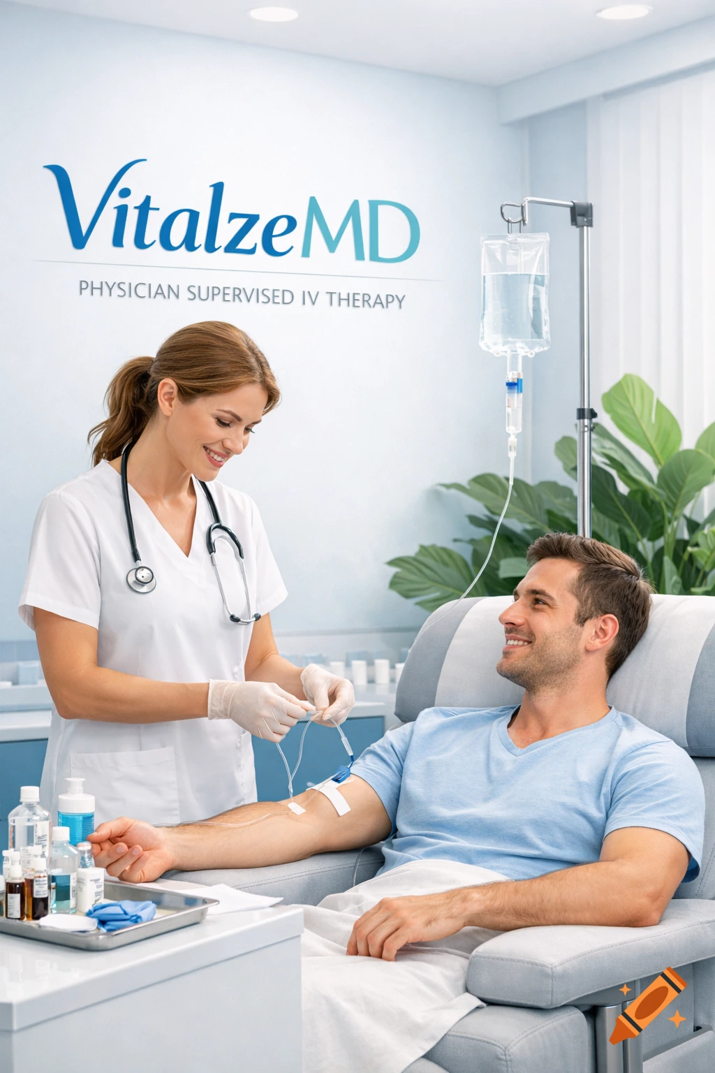 A smiling nurse in scrubs and gloves administers an IV drip to a male patient sitting in a modern clinic, with 'VitalzeMD' on the wall.