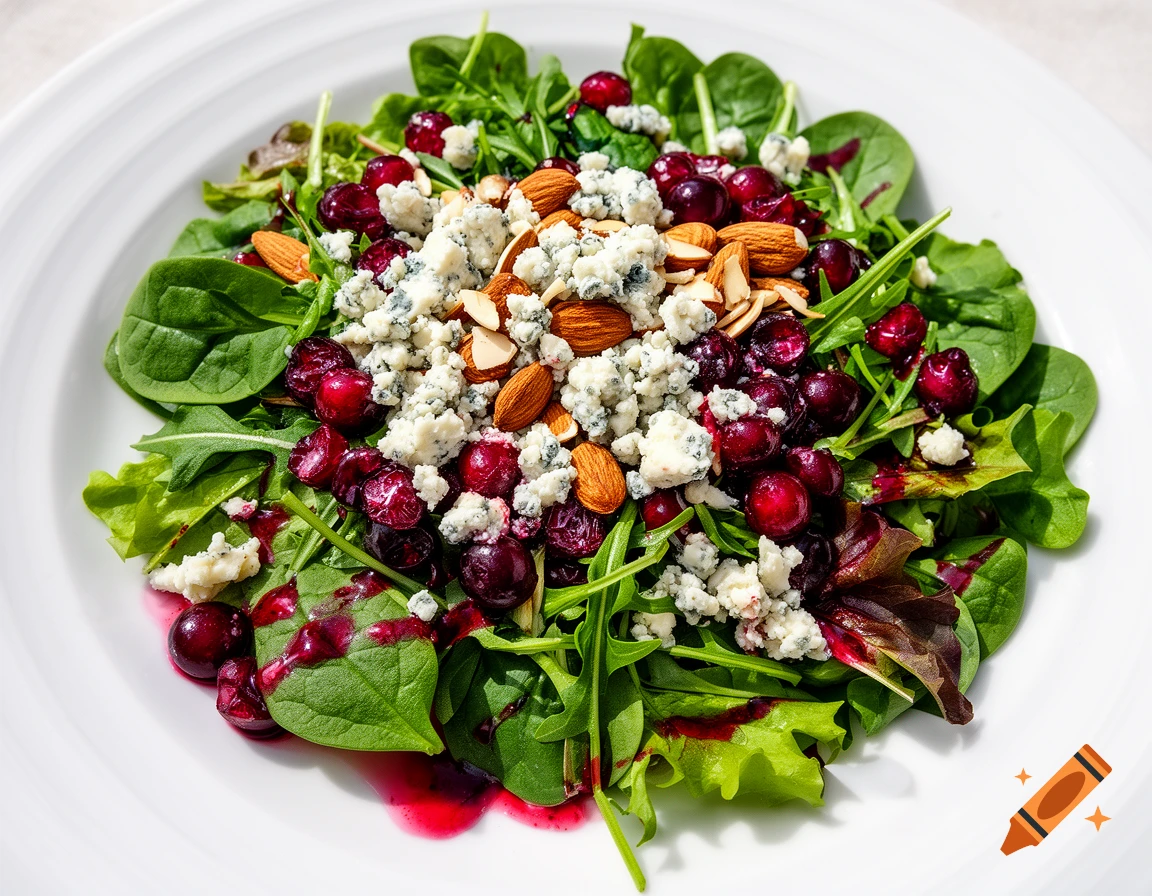 A vibrant salad with mixed greens, blue cheese crumbles, toasted almonds, and cranberries, drizzled with berry vinaigrette, served in a white bowl.