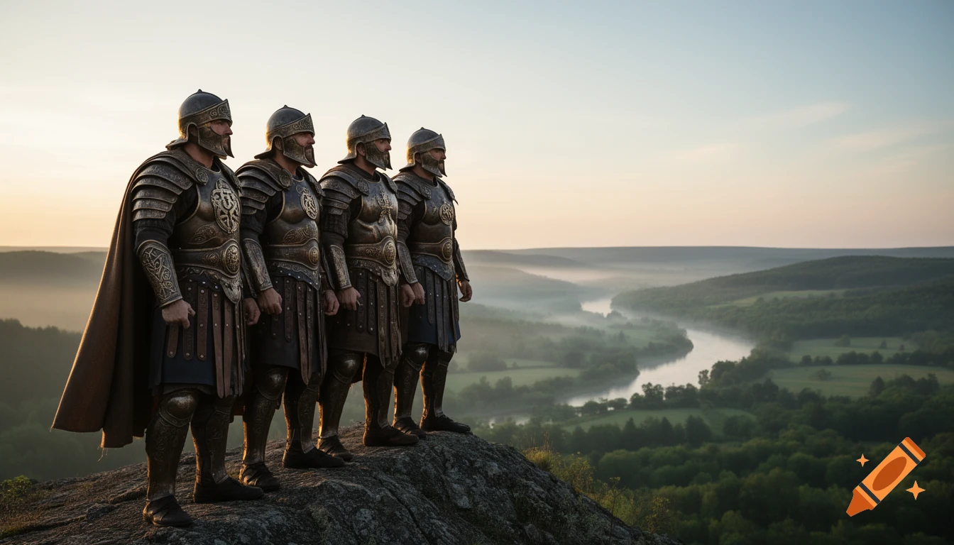 Four armored warriors stand on a rocky cliff overlooking a misty valley at sunrise.
