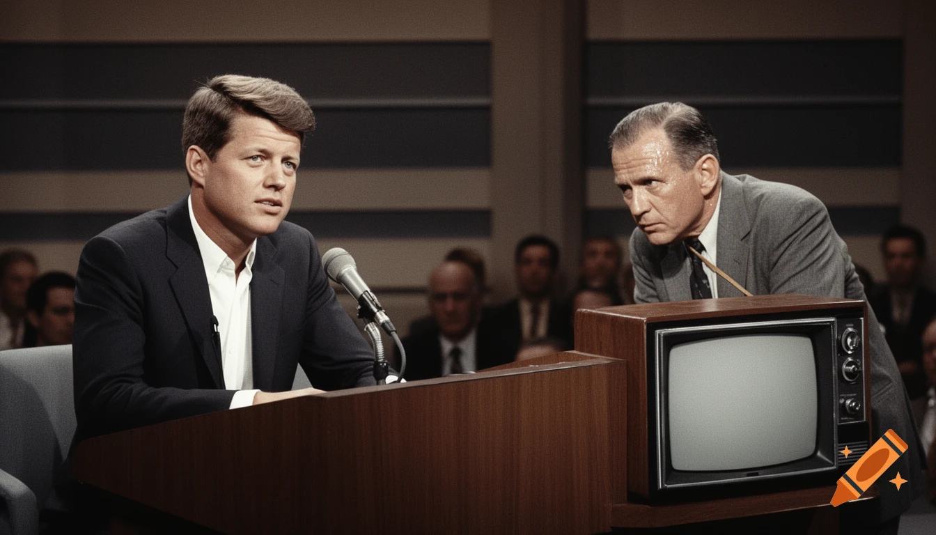 A young man at a podium speaks into a microphone as an older man leans over a retro television, watching intently during a 1960s debate.