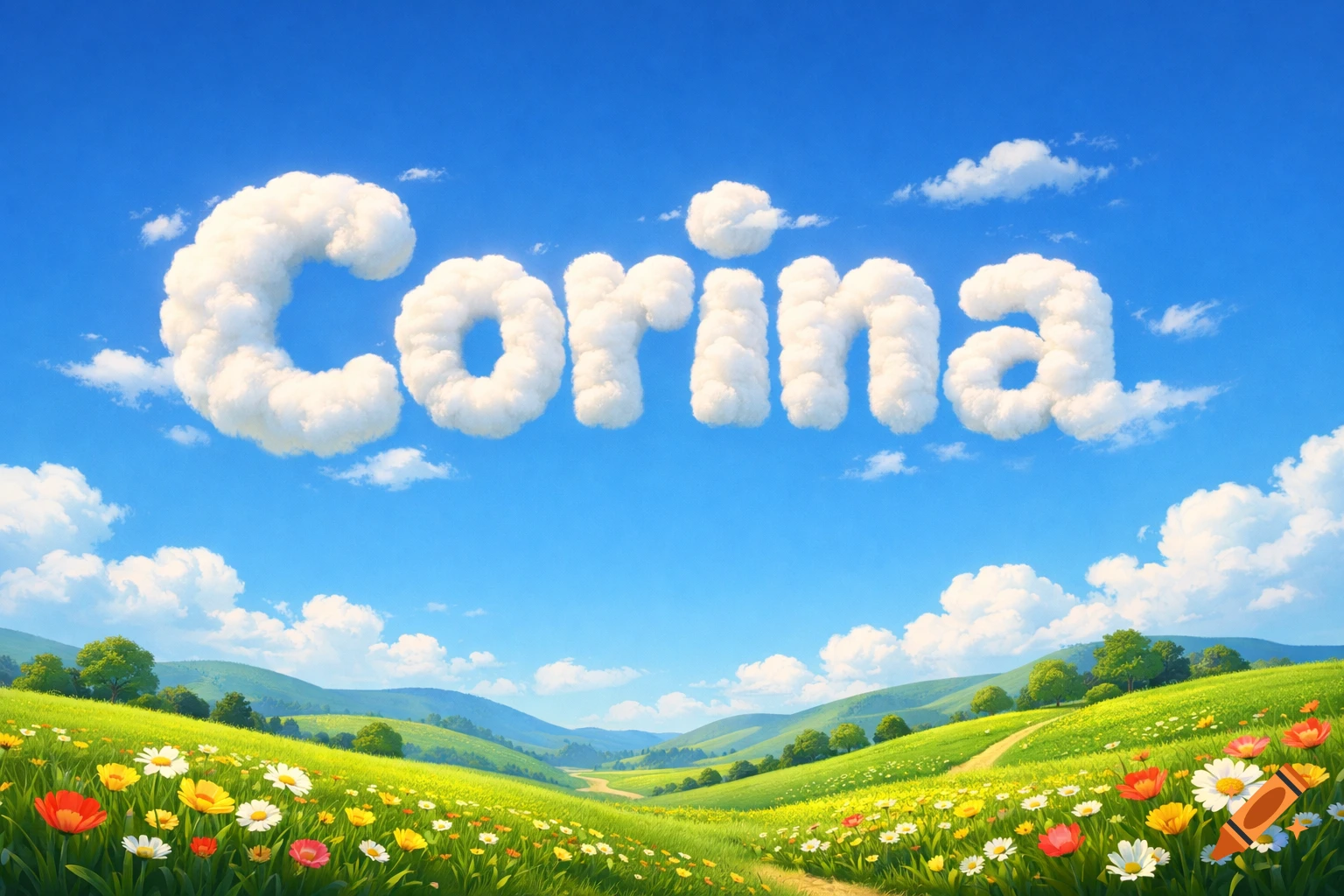 Bright Pixar-style landscape with green hills, colorful wildflowers, and blue sky. Fluffy white clouds spell 'Corina' above.