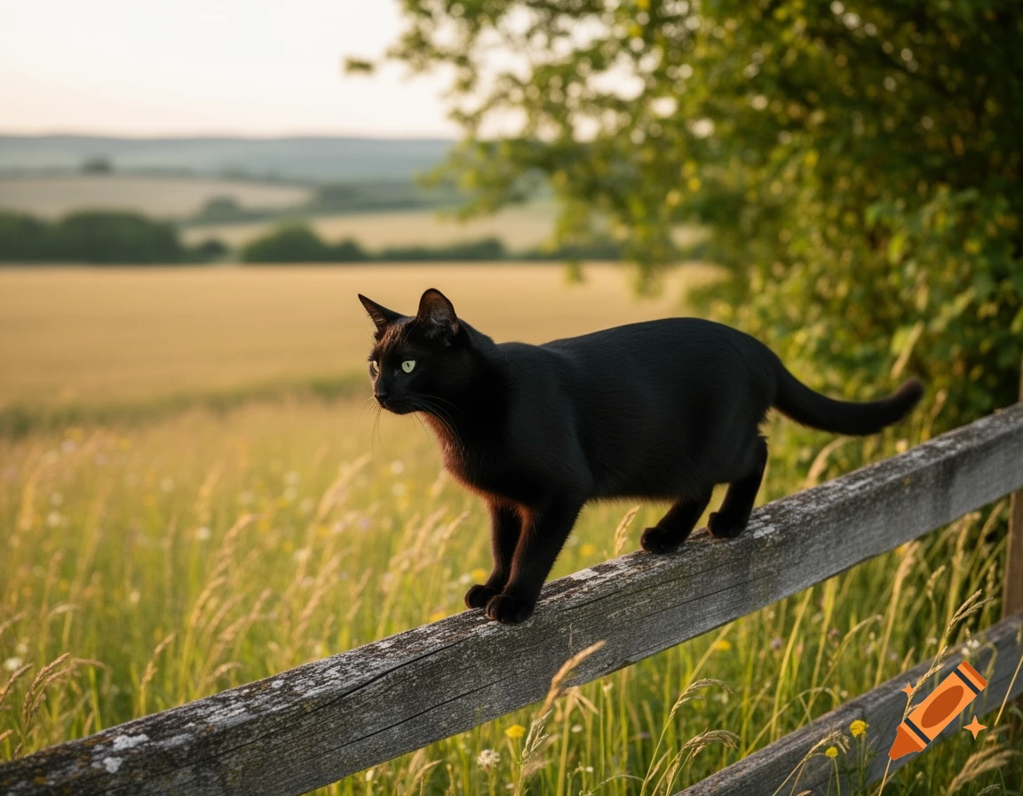 A sleek black cat with bright green eyes walks along a weathered wooden ...