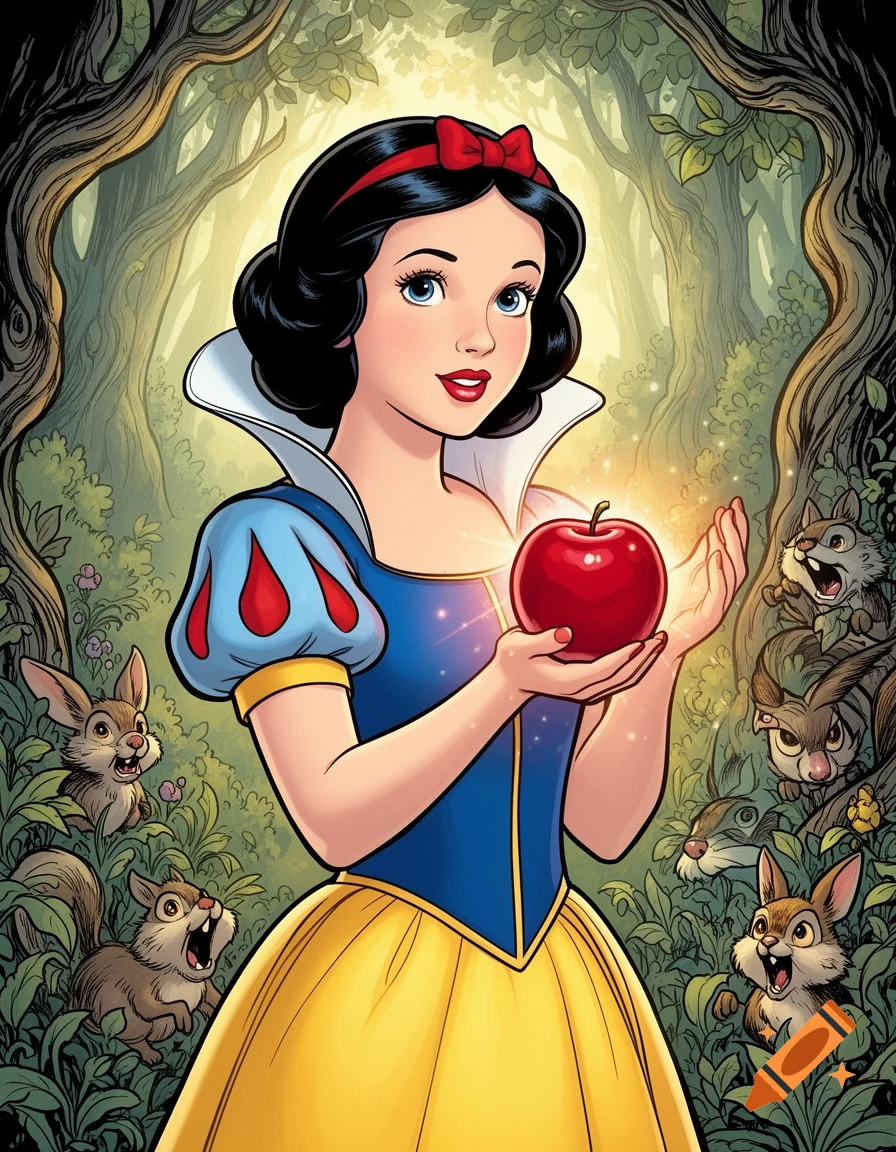 Comic style Snow White in a forest, holding a glowing red apple, surrounded by small animals.