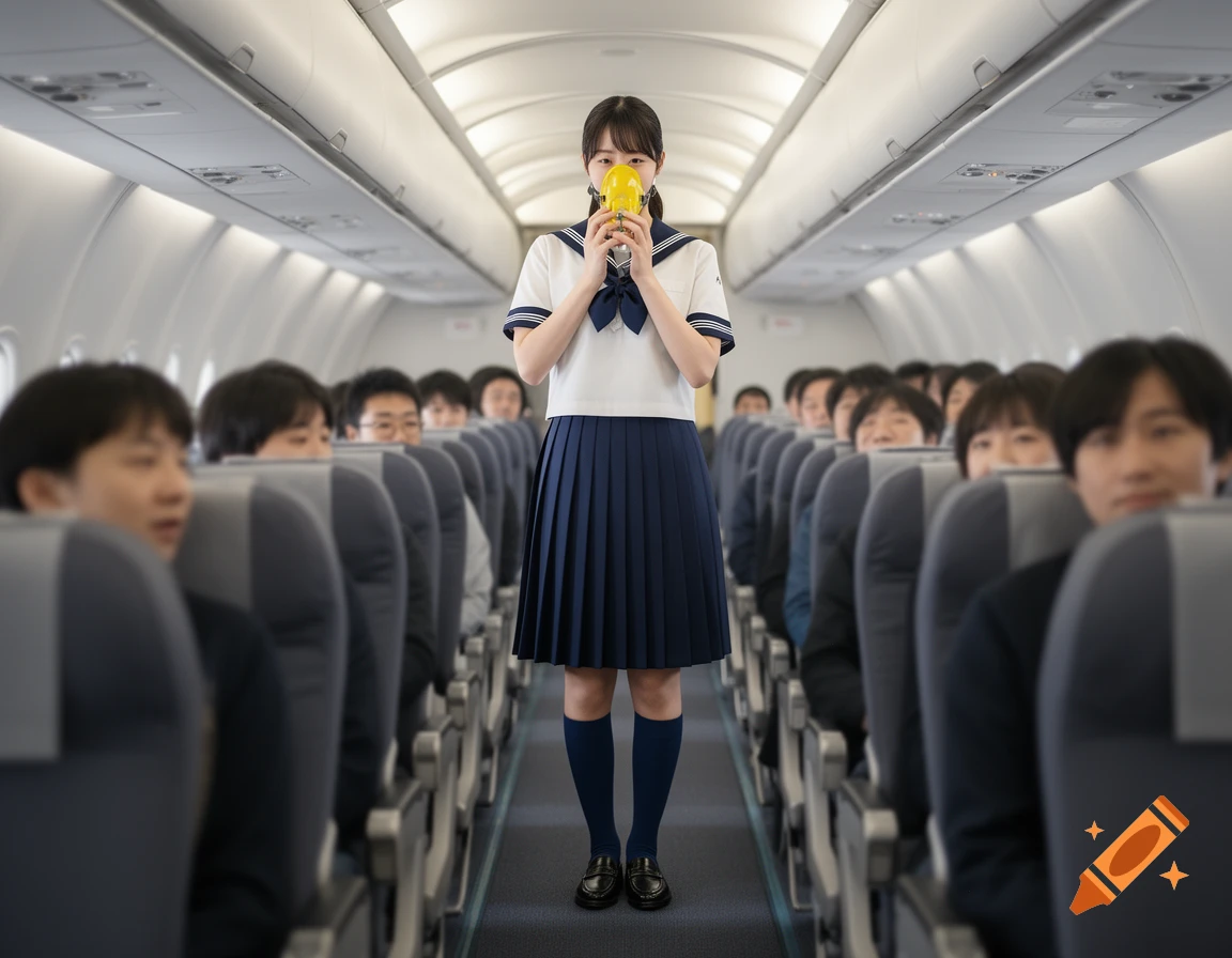 A photorealistic image of a female Japanese student in a sailor uniform demonstrating an oxygen mask in an airplane aisle.