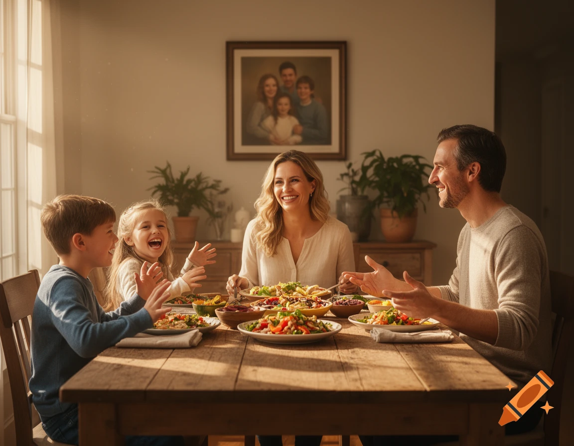 A smiling family with two parents and two children enjoys a meal together at a wooden dining table in a sunlit room.