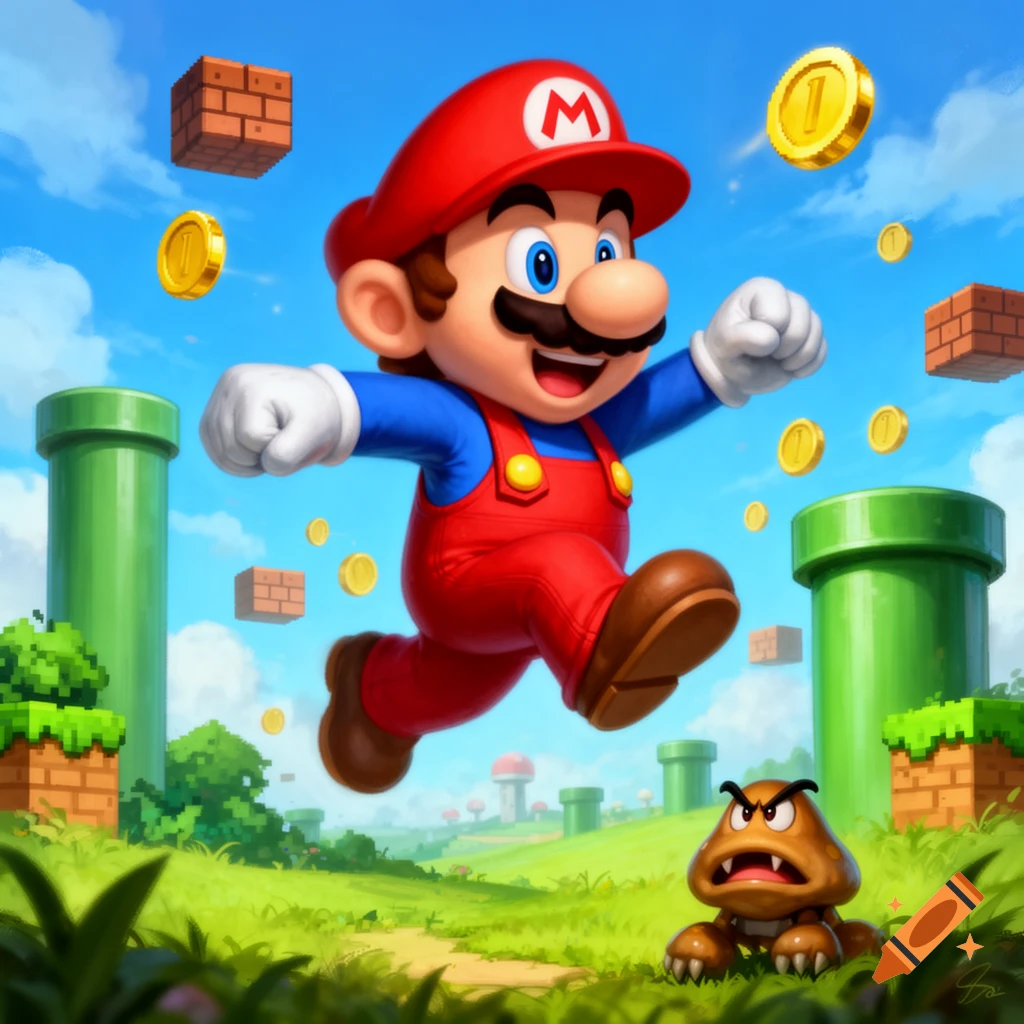 Mario jumps over a Goomba in a vibrant cartoon landscape with pipes, brick blocks, and flying coins.