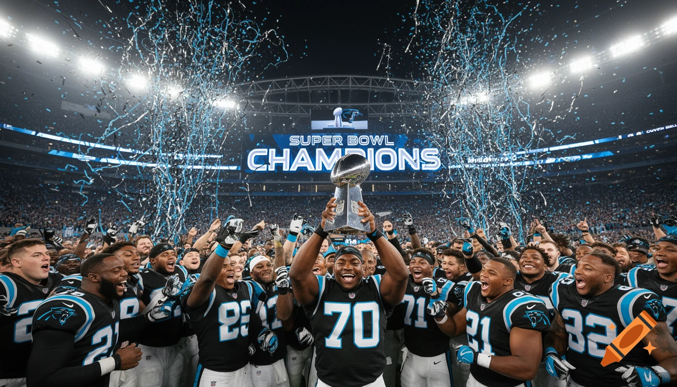 Carolina Panthers football players celebrate on the field under falling confetti, holding up the Super Bowl trophy.