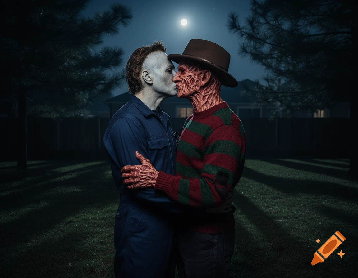 Photorealistic image of Michael Myers and Freddy Krueger embracing and kissing in a dark grassy yard under a full moon.