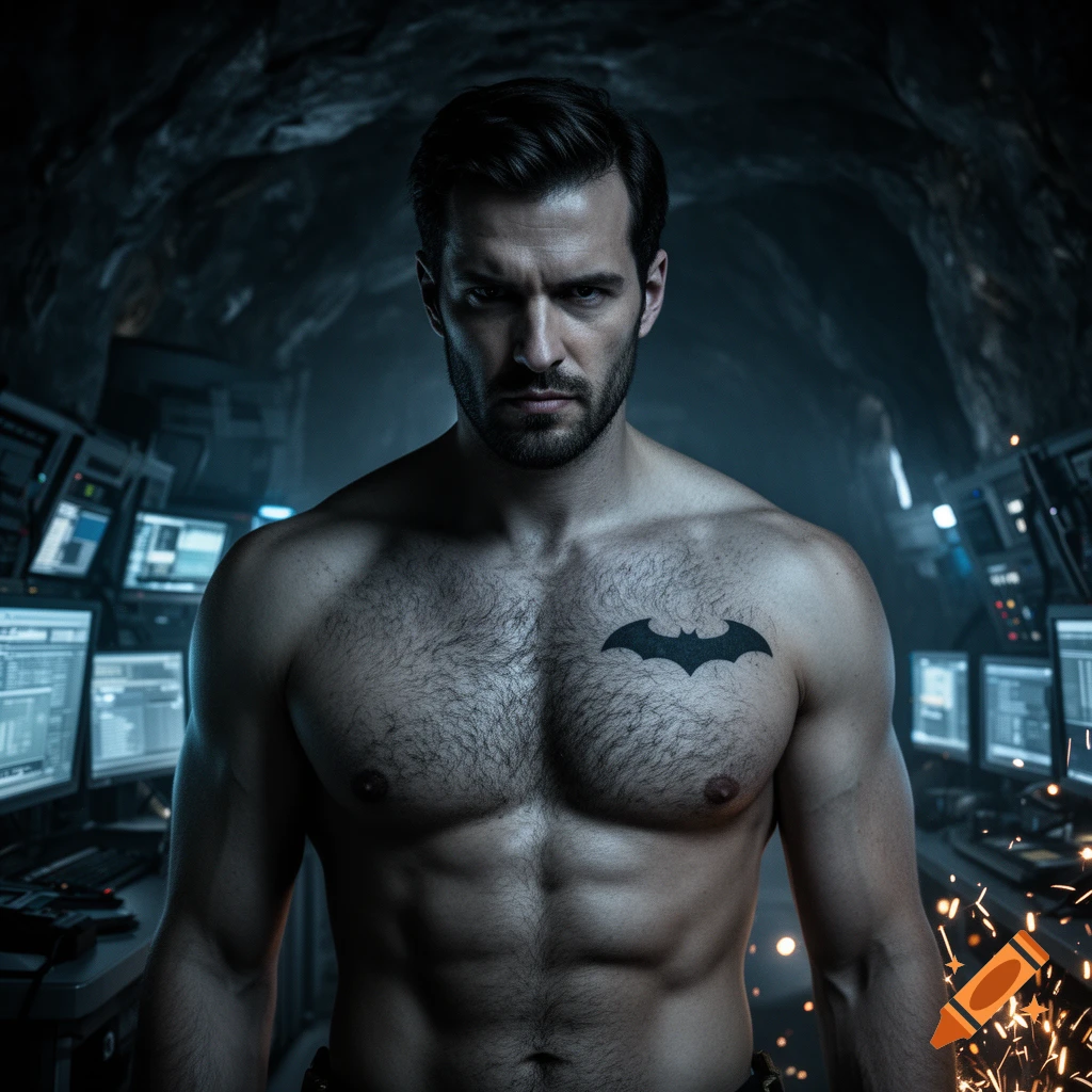 Photorealistic image of a shirtless, muscular man resembling Batman, with a hairy chest and a Batman logo tattoo, in a dimly lit, tech-filled cave.