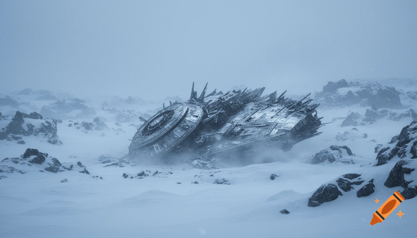 A huge crashed spaceship half-buried in a vast, snowy, rocky landscape during a blizzard, photorealistic.