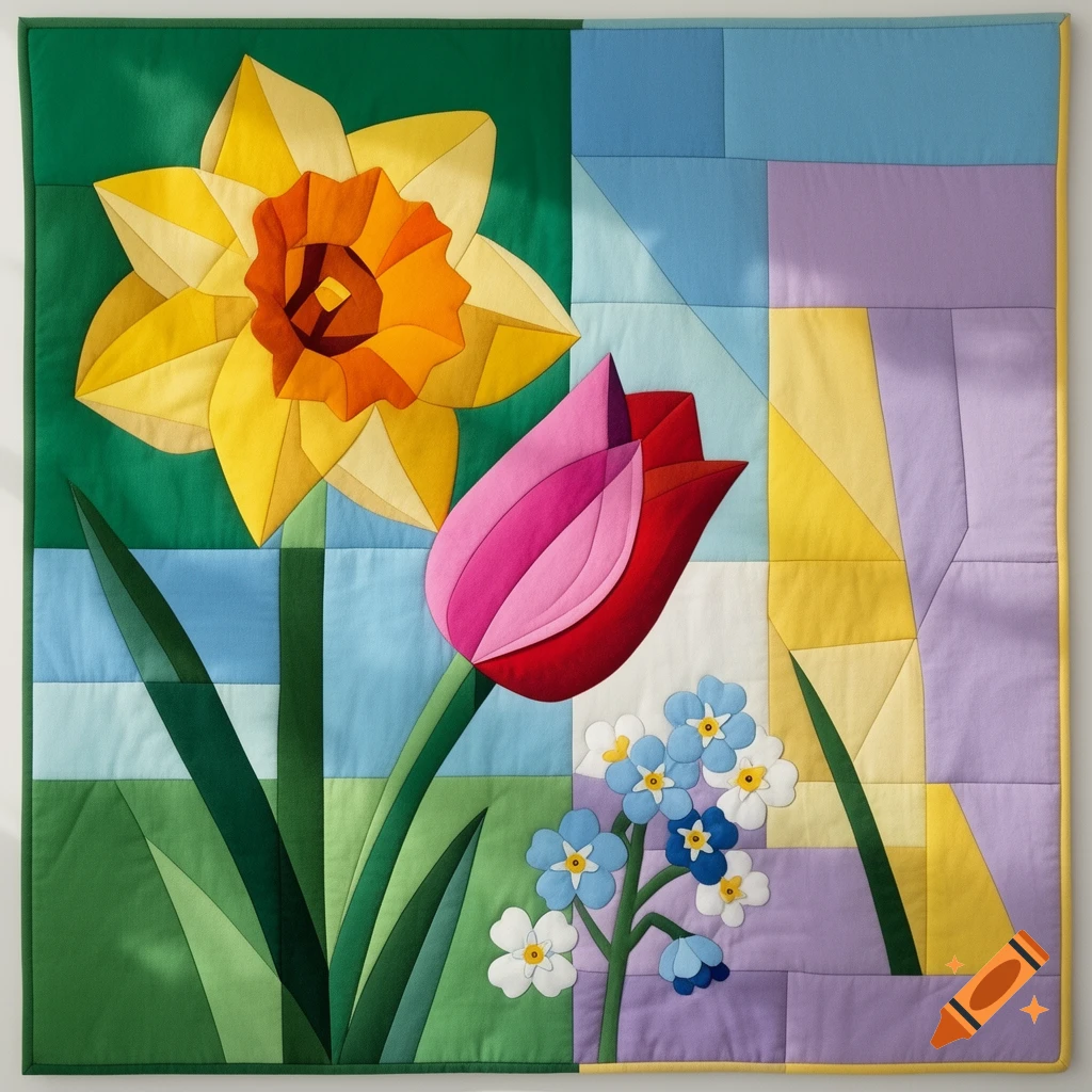 Colorful modern quilt featuring a yellow daffodil, pink and red tulip, and blue and white forget-me-nots in a geometric style.