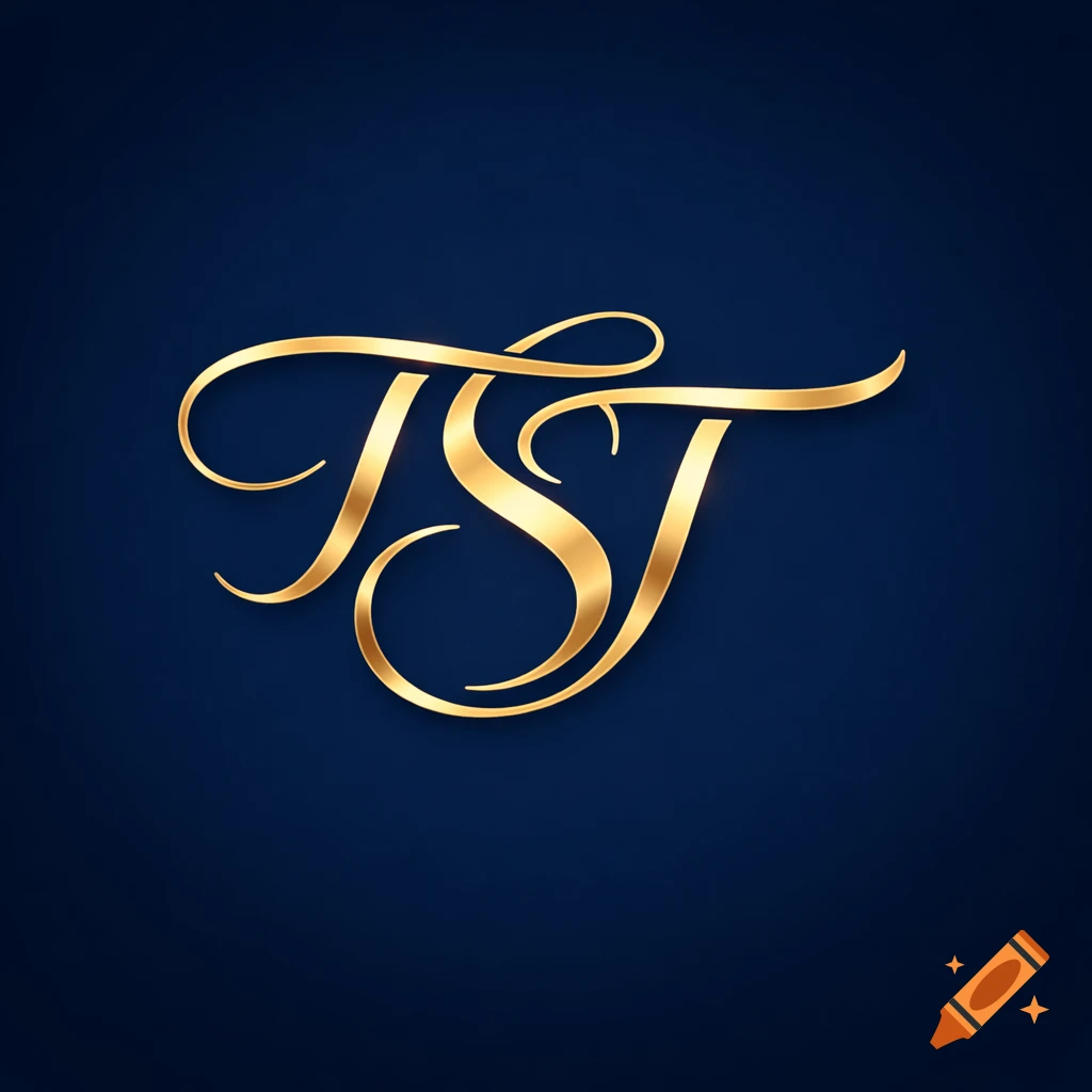 Elegant gold intertwining letters TST on a dark blue background, forming a logo.